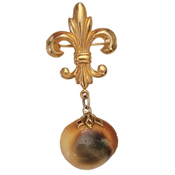Gold Tone Fleur De Lis Bar With Operculum Eye Shell Dangle Brooch Pin E816 - Picture 2 of 7